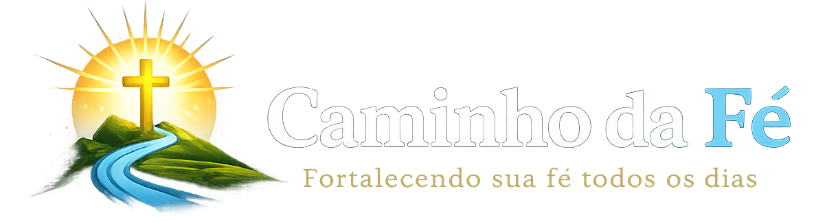 Logo oficial do Caminho da Fé com cruz dourada e caminho azul simbolizando a jornada cristã.